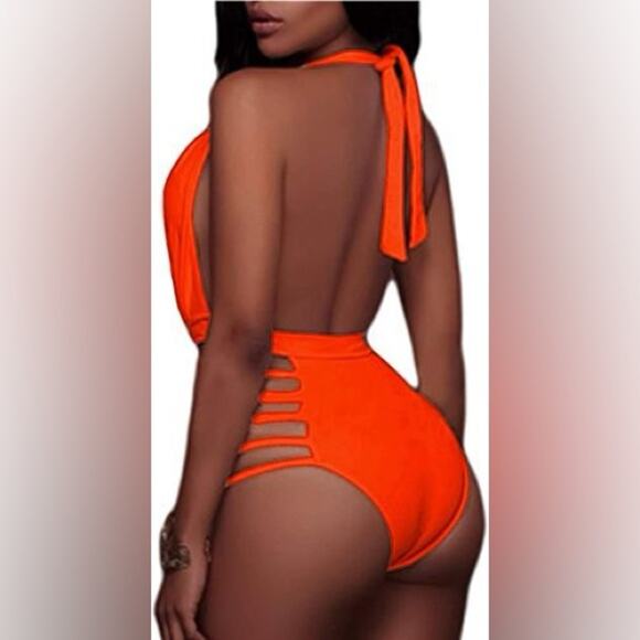 NWT Aqua Eve Small (4-6) orange one piece sexy cutout Deep plunge halter tie NEW - Picture 6 of 10